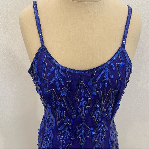 Vintage 80s Blue Silk Sequin Dress Beaded Geo Mini Party Cocktail Sz Medium - Picture 7 of 10
